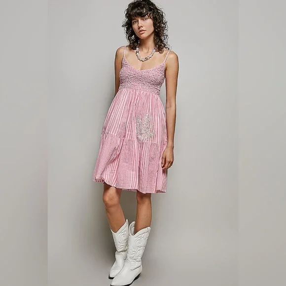 POL Pink Cotton Striped Smocked Sundress with Embroidery - Picture 5 of 6